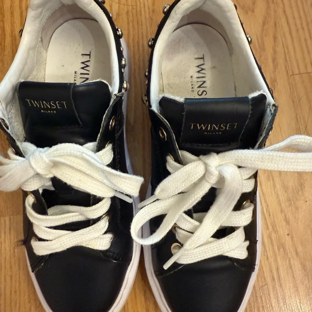 Twinset Milano Black Leather Platform Sneakers Pearl Studded
